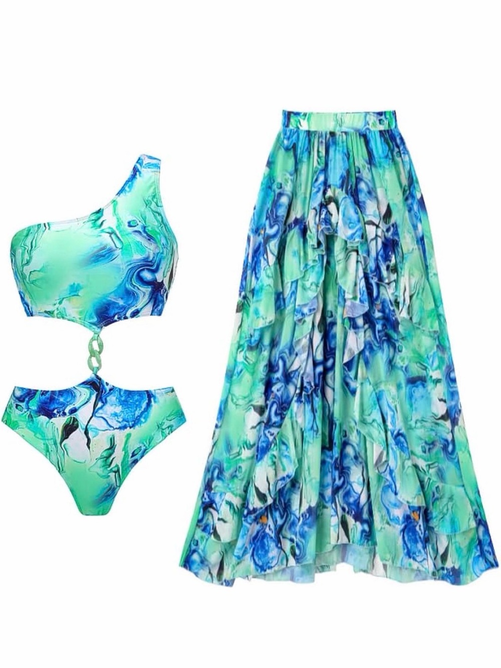 Aqua Marble One-Shoulder Cutout Swimsuit with Matching Flow Skirt